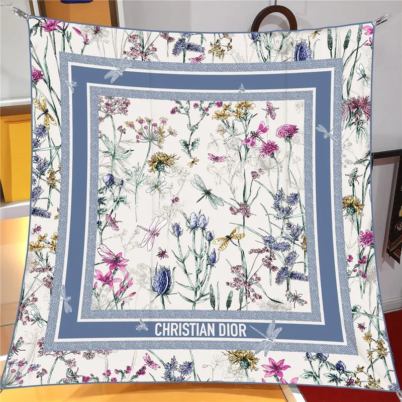İthal İndigo D Flower Desen Twill İpek Eşarp