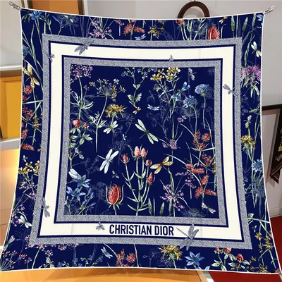 İthal Lacivert D Flower Desen Twill İpek Eşarp