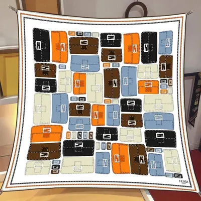 İthal Siyah & Turuncu F Bag Desen Twill İpek Eşarp