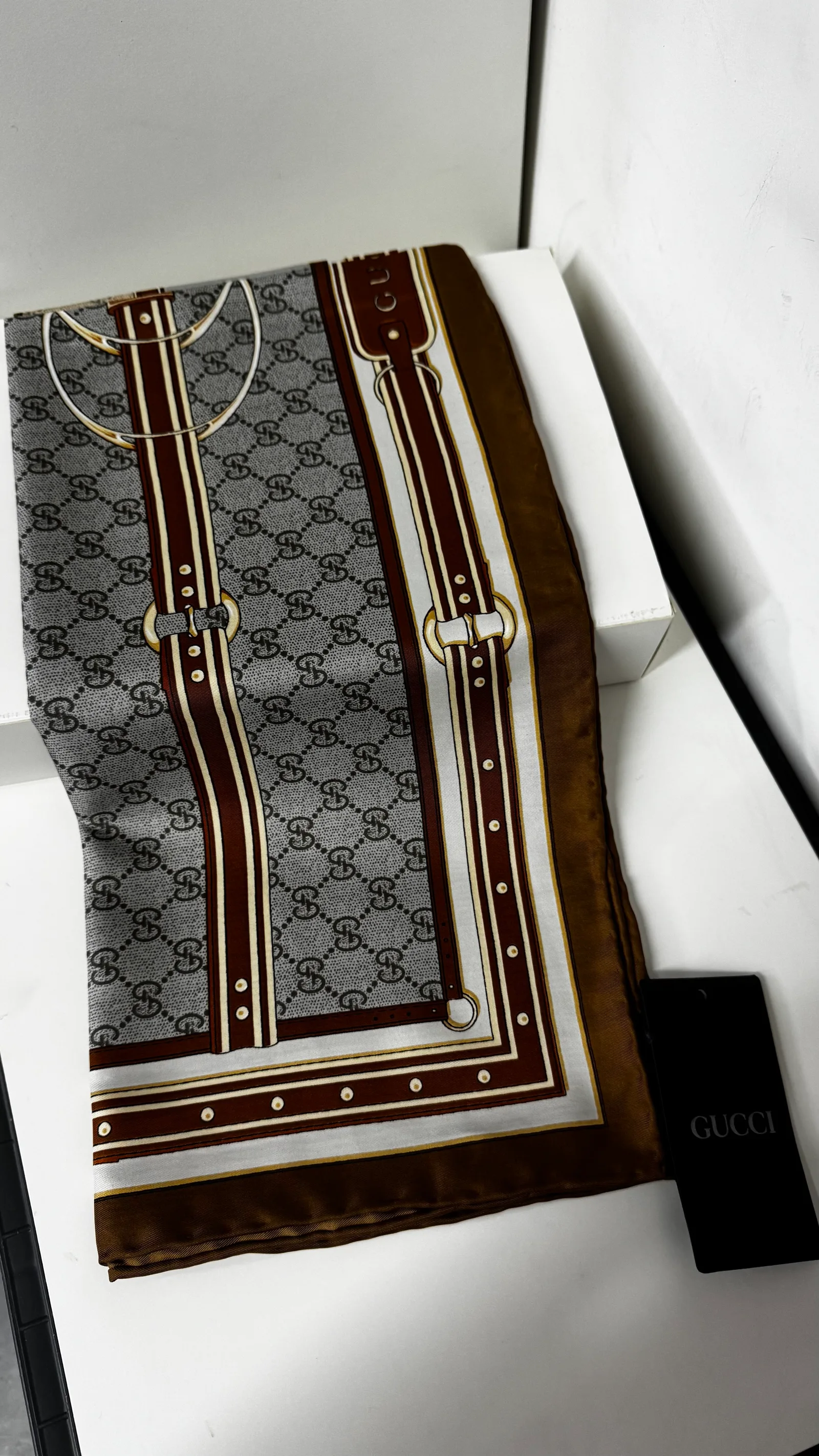 İthal Kahverengi & Gri G Belt Desen Twill İpek Eşarp