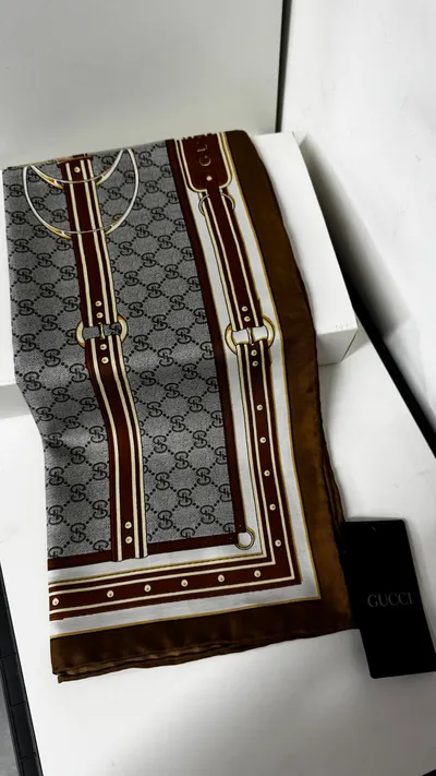 İthal Kahverengi & Gri G Belt Desen Twill İpek Eşarp