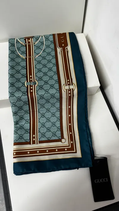 İthal Mocha & Petrol G Belt Desen Twill İpek Eşarp