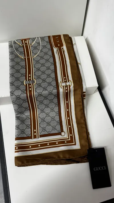İthal Mocha & Gri G Belt Desen Twill İpek Eşarp