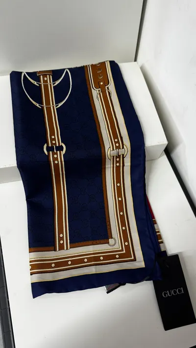 İthal Mocha & Lacivert G Belt Desen Twill İpek Eşarp