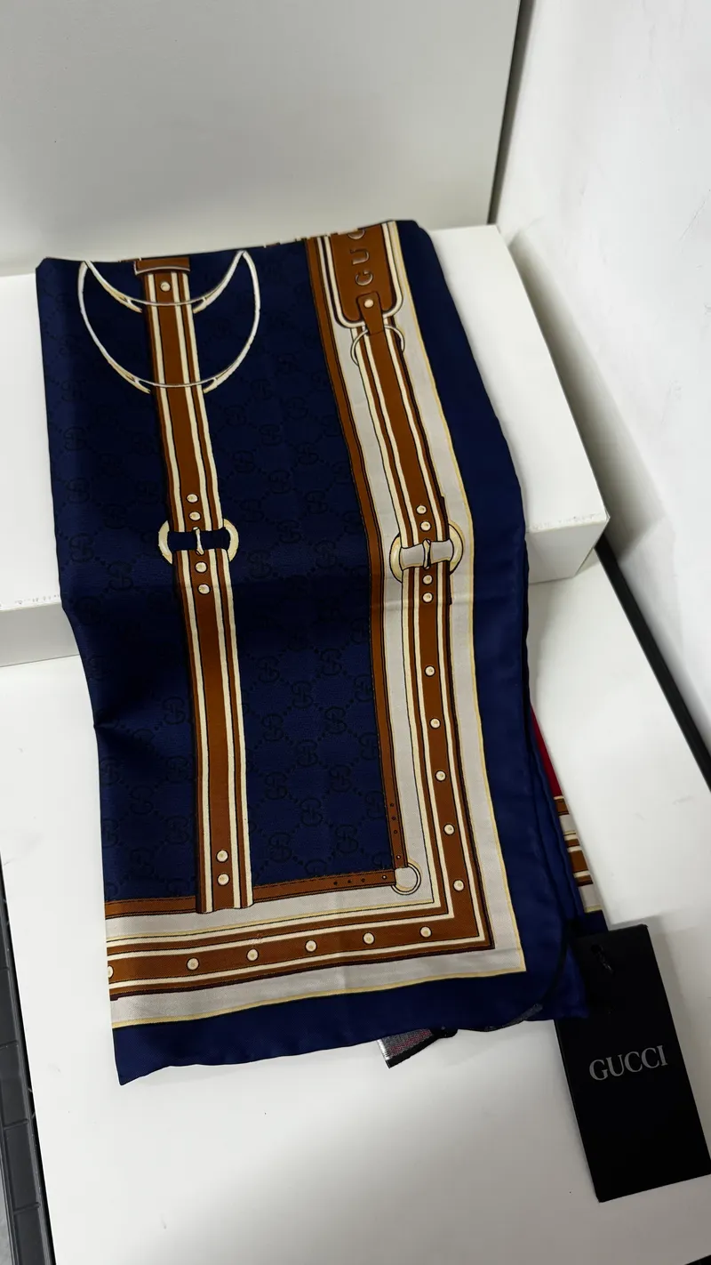İthal Mocha & Lacivert G Belt Desen Twill İpek Eşarp