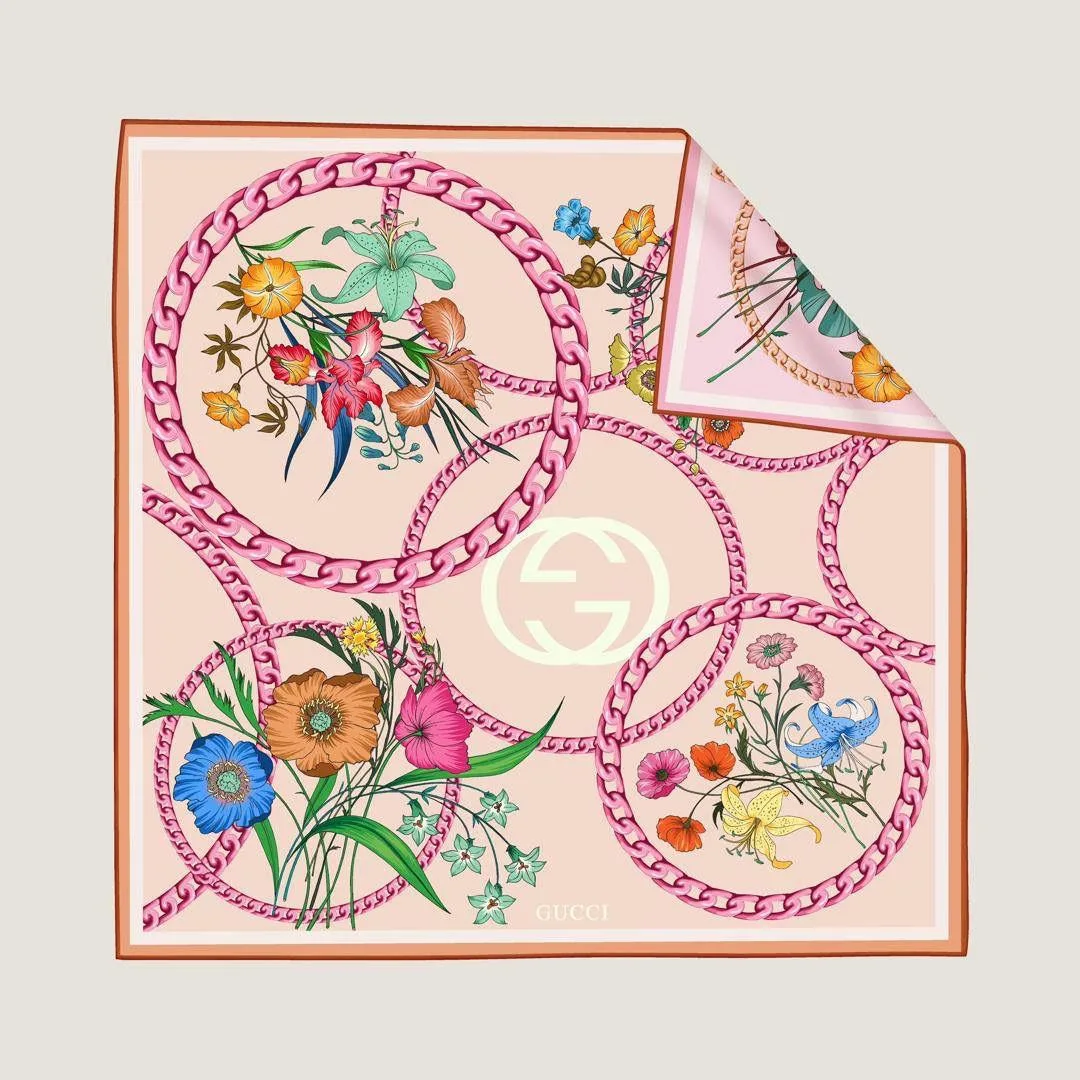 İthal Toz Pembe G Zincir Desen Twill İpek Eşarp