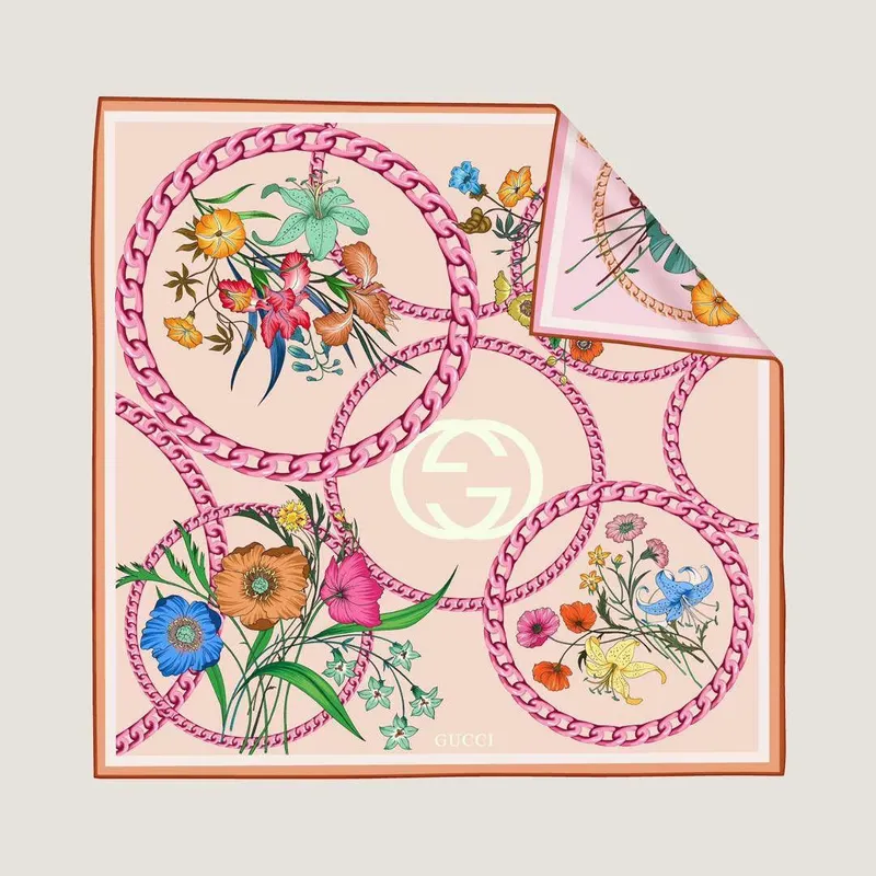 İthal Toz Pembe G Zincir Desen Twill İpek Eşarp