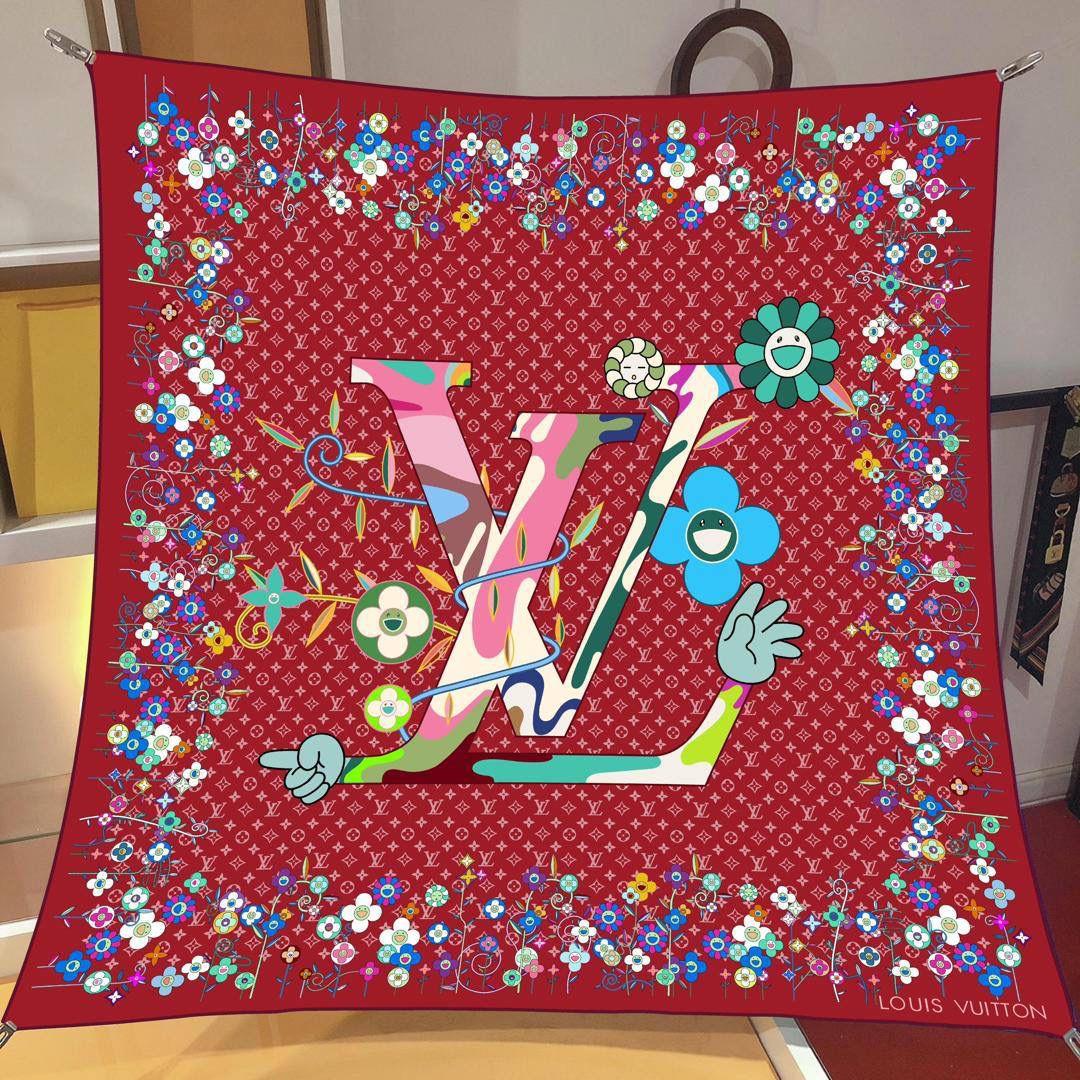 İthal Bordo LV Flower Desen Twill İpek Eşarp