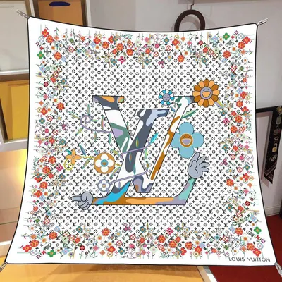 İthal Beyaz LV Flower Desen Twill İpek Eşarp