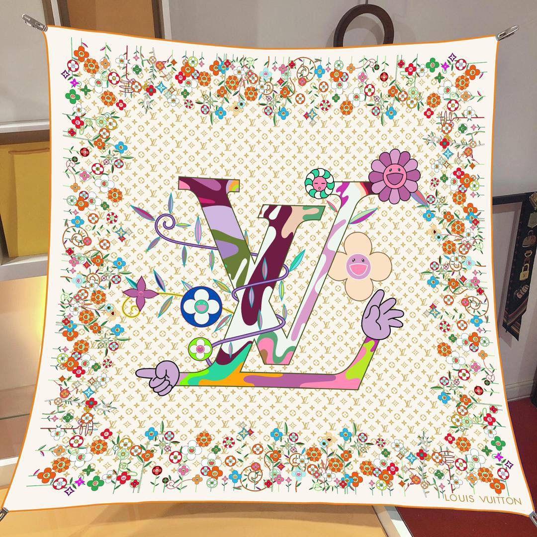 İthal Bej LV Flower Desen Twill İpek Eşarp