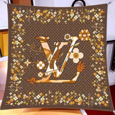 İthal Kahverengi LV Flower Desen Twill İpek Eşarp