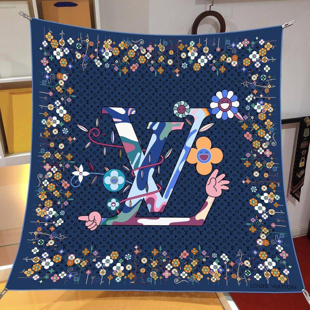 İthal Lacivert LV Flower Desen Twill İpek Eşarp