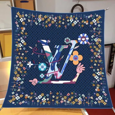 İthal Lacivert LV Flower Desen Twill İpek Eşarp