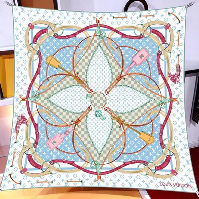 İthal Mavi LV Kilit Desen Twill İpek Eşarp