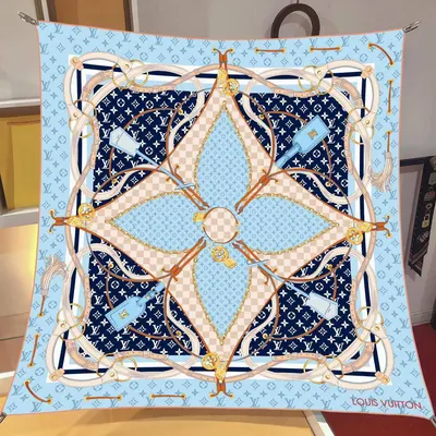 İthal Lacivert LV Kilit Desen Twill İpek Eşarp