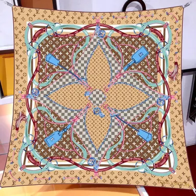 İthal Mocha LV Kilit Desen Twill İpek Eşarp