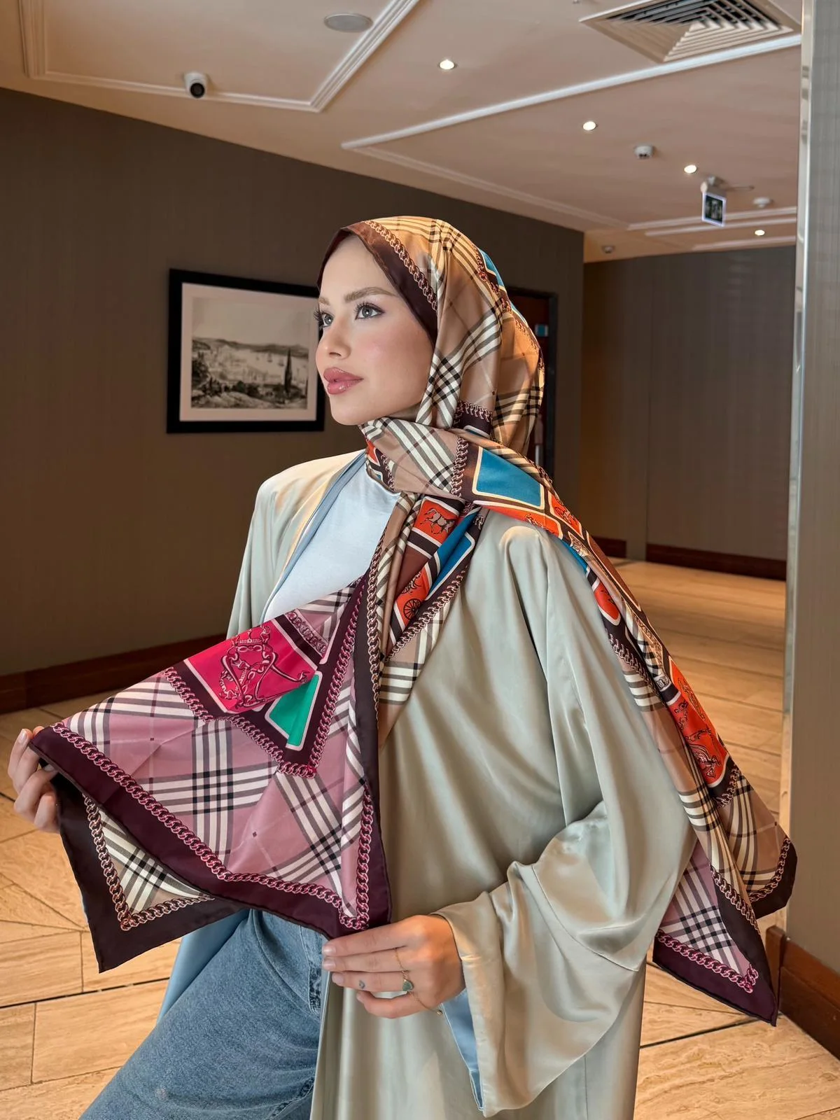 İthal Mocha & Soft Pembe B Desen Twill İpek Şal