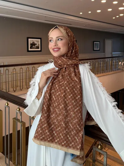 İthal Kahverengi & İndigo Kilit G Desen Twill İpek Şal