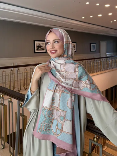 İthal Pudra Pembe & Kiremit GC Zincir Desen Twill İpek Şal