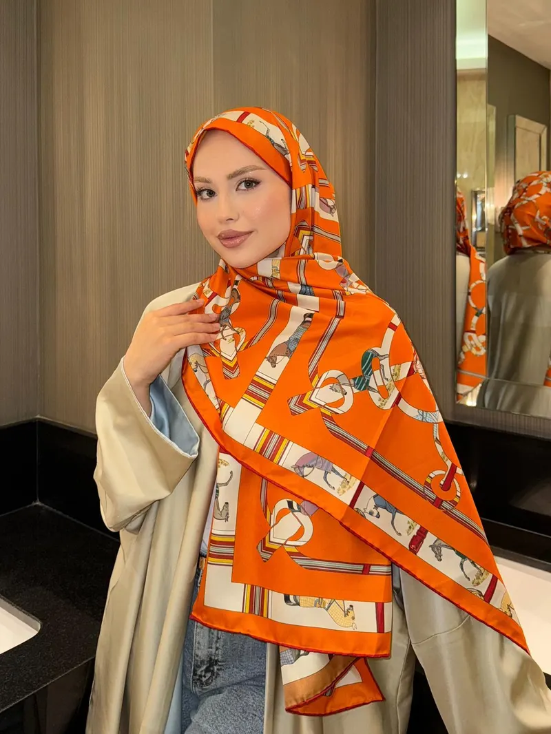 İthal Turuncu & Mocha H Horse Desen Twill İpek Şal