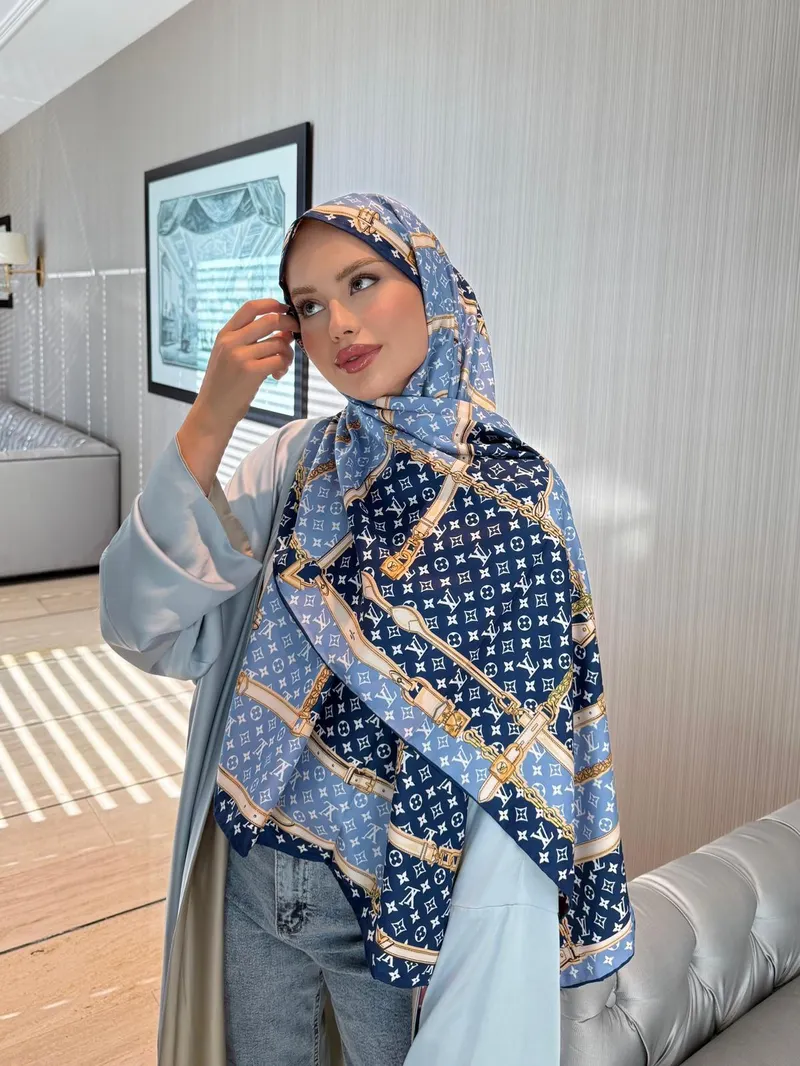 İthal Lacivert & Bordo LV Desen Twill İpek Şal