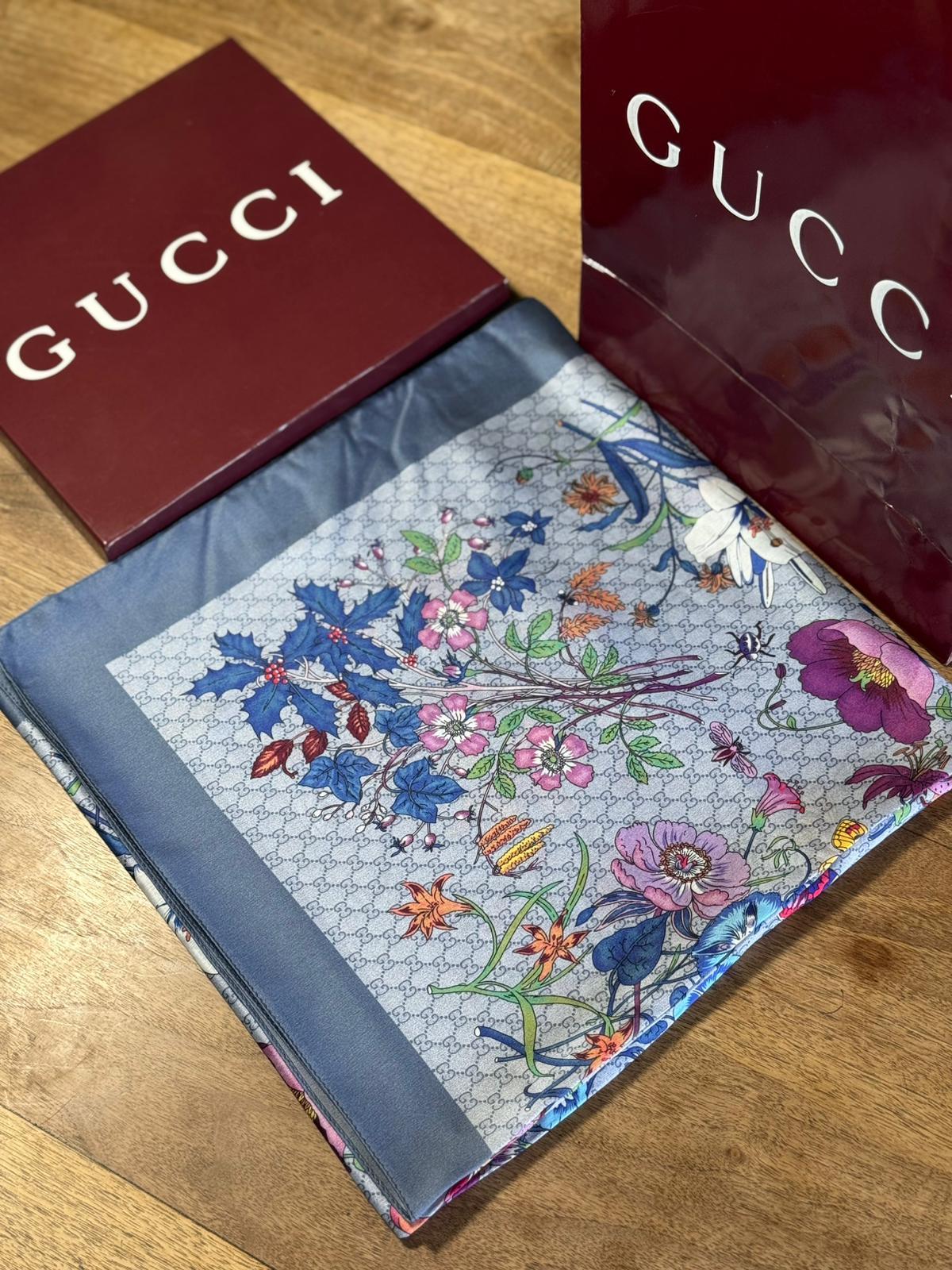 İthal Buz Mavi G Flower Desen Vual İpek Şal